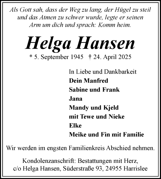 Traueranzeige von Helga Hansen von Flensburger Tageblatt