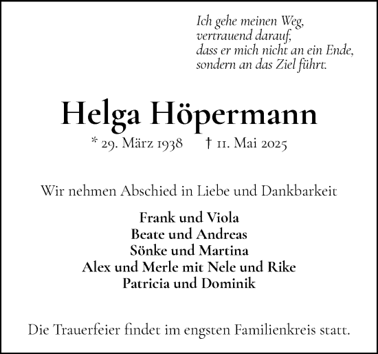 Traueranzeige von Helga Höpermann von Wedel-Schulauer Tageblatt, tip Wedel-Schulauer Tageblatt, tip Rissener Rundschau