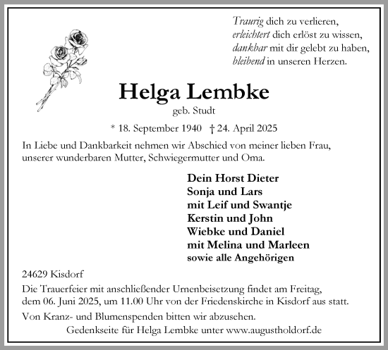 Traueranzeige von Helga Lembke von Umschau