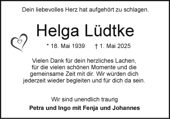 Traueranzeige von Helga Lüdtke von Holsteinischer Courier