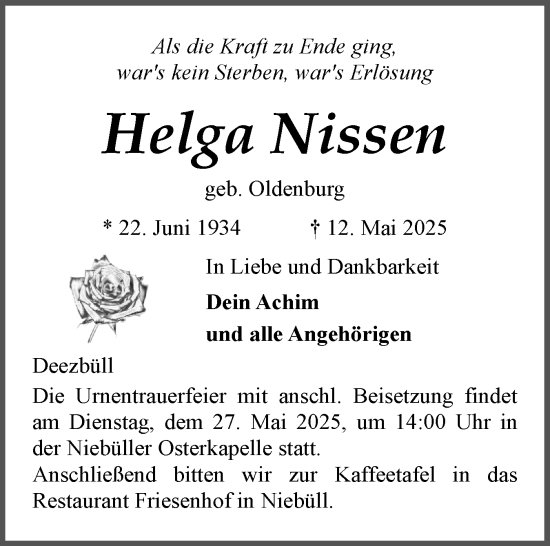 Traueranzeige von Helga Nissen von Husumer Nachrichten, Nordfriesland Tageblatt