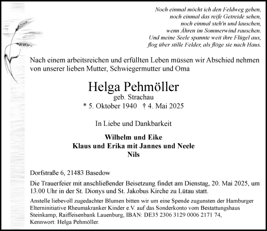 Traueranzeige von Helga Pehmöller von Wochenend Anzeiger