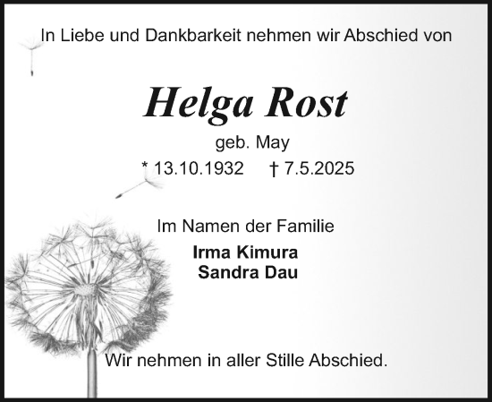 Traueranzeige von Helga Rost von Holsteinischer Courier