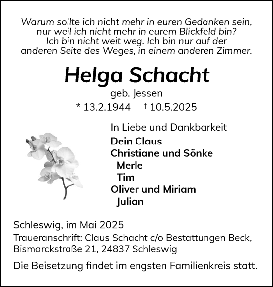 Traueranzeige von Helga Schacht von Schleswiger Nachrichten, Schlei-Bote
