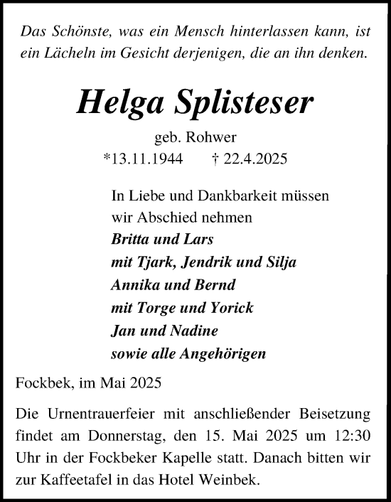 Traueranzeige von Helga Splisteser von Schleswig-Holsteinische Landeszeitung