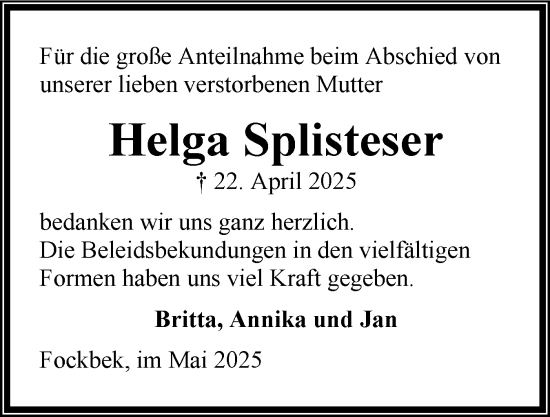 Traueranzeige von Helga Splisteser von Schleswig-Holsteinische Landeszeitung