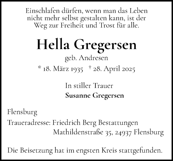 Traueranzeige von Hella Gregersen von Flensburger Tageblatt