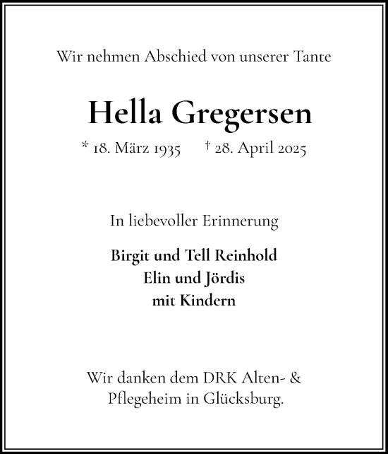 Traueranzeige von Hella Gregersen von Flensburger Tageblatt