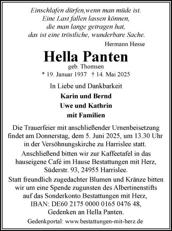 Traueranzeige von Hella Panten von Region Flensburg