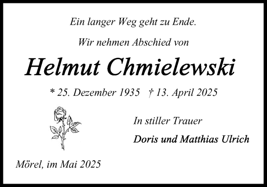 Traueranzeige von Helmut Chmielewski von Schleswig-Holsteinische Landeszeitung