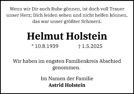 Traueranzeige von Helmut Holstein von Holsteinischer Courier