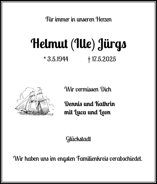 Traueranzeige von Helmut Jürgs von Norddeutsche Rundschau, Wilstersche Zeitung, Glückstädter Fortuna