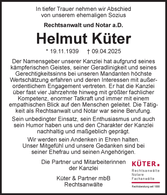 Traueranzeige von Helmut Küter von Eckernförder Zeitung, Hallo Eckernförde