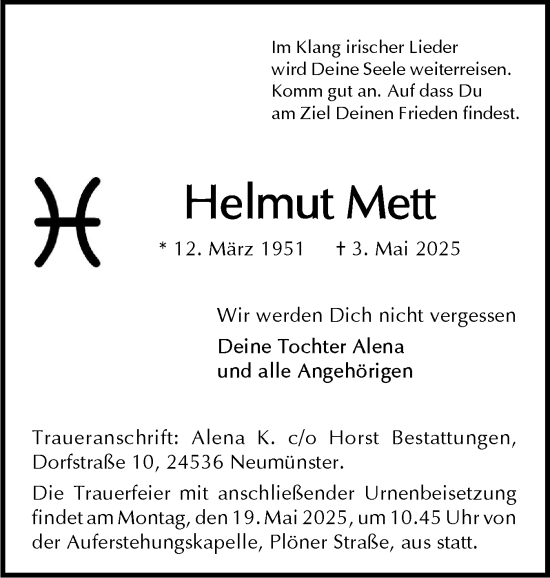 Traueranzeige von Helmut Mett von Holsteinischer Courier