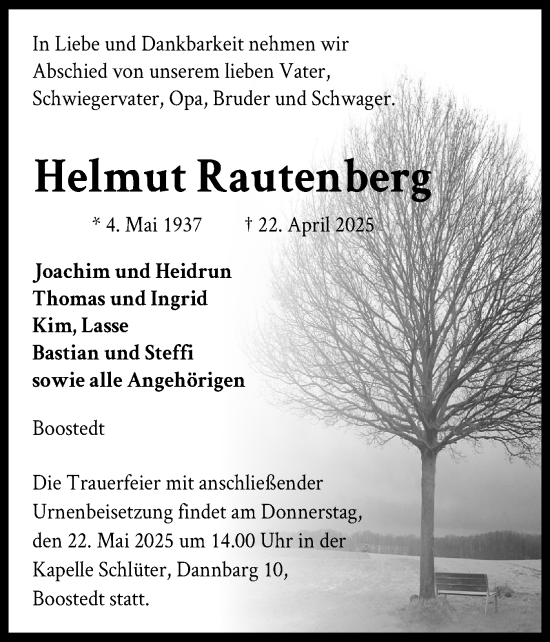 Traueranzeige von Helmut Rautenberg von Holsteinischer Courier