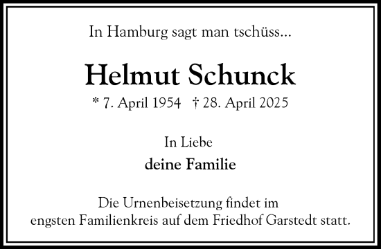 Traueranzeige von Helmut Schunck von Heimatspiegel