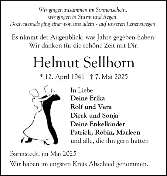 Traueranzeige von Helmut Sellhorn von Elmshorner Nachrichten, Barmstedter Zeitung