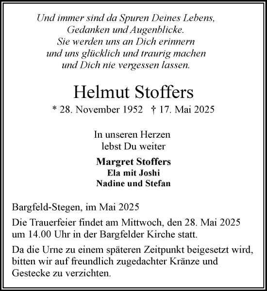 Traueranzeige von Helmut Stoffers von MARKT Ahrensburg/Bargteheide/Trittau und Stormarner Tageblatt
