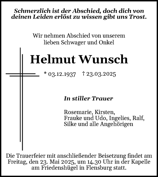 Traueranzeige von Helmut Wunsch von Flensburger Tageblatt
