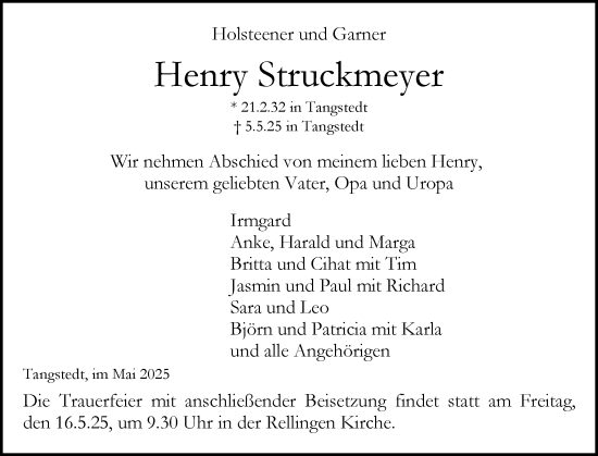 Traueranzeige von Henry Struckmeyer von Region Pinneberg und tip Pinneberg