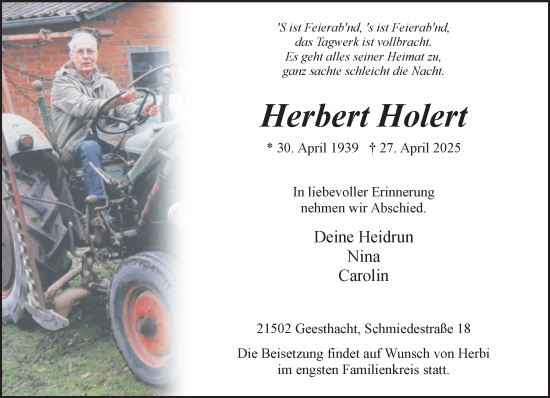 Traueranzeige von Herbert Holert von Wochenend Anzeiger