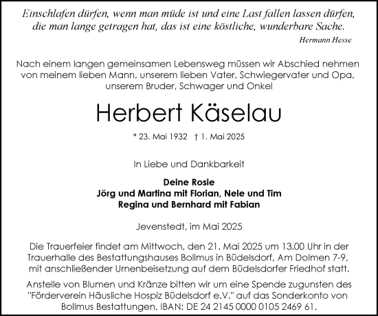 Traueranzeige von Herbert Käselau von Schleswig-Holsteinische Landeszeitung