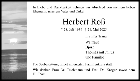 Traueranzeige von Herbert Roß von MARKT Bad Oldesloe/Reinfeld und Stormarner Tageblatt