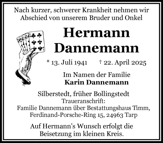 Traueranzeige von Hermann Dannemann von Schleswiger Nachrichten, Schlei-Bote
