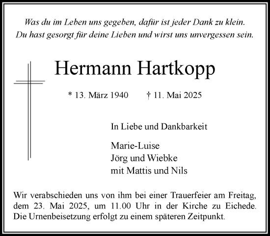 Traueranzeige von Hermann Hartkopp von MARKT Bad Oldesloe/Reinfeld und Stormarner Tageblatt