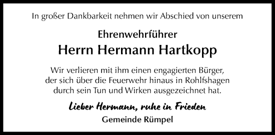 Traueranzeige von Hermann Hartkopp von MARKT Bad Oldesloe/Reinfeld und Stormarner Tageblatt