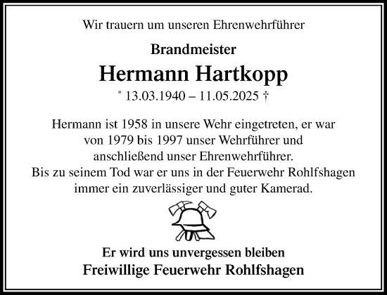 Traueranzeige von Hermann Hartkopp von MARKT Bad Oldesloe/Reinfeld und Stormarner Tageblatt