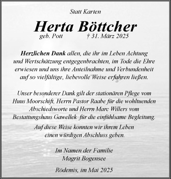 Traueranzeige von Herta Böttcher von Husumer Nachrichten, Nordfriesland Tageblatt