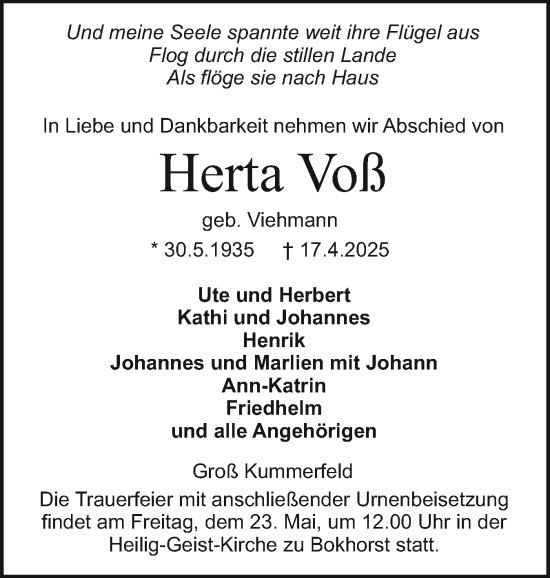 Traueranzeige von Herta Voß von Holsteinischer Courier