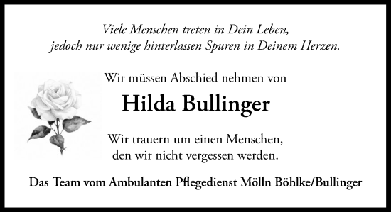 Traueranzeige von Hilda Bullinger von MARKT Ratzeburg/Mölln