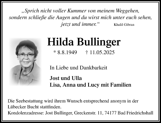 Traueranzeige von Hilda Bullinger von MARKT Ratzeburg/Mölln