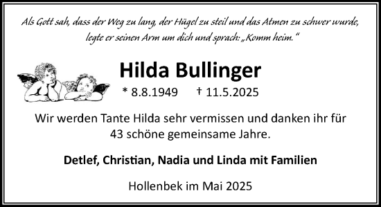 Traueranzeige von Hilda Bullinger von MARKT Ratzeburg/Mölln