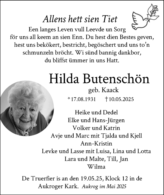 Traueranzeige von Hilda Butenschön von Schleswig-Holsteinische Landeszeitung