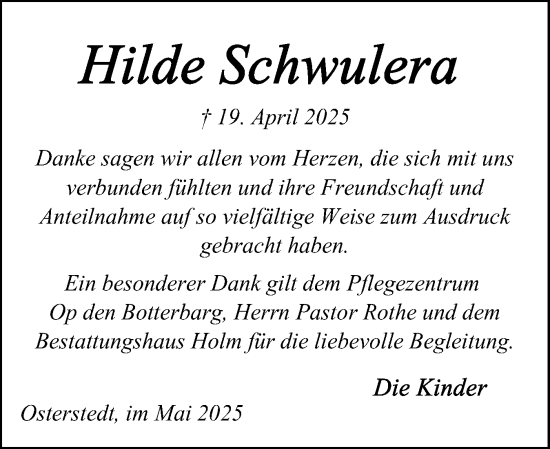 Traueranzeige von Hilde Schwulera von Schleswig-Holsteinische Landeszeitung
