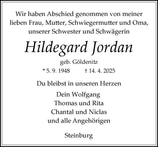 Traueranzeige von Hildegard Jordan von Norddeutsche Rundschau, Wilstersche Zeitung, Glückstädter Fortuna
