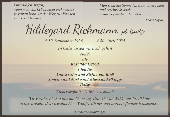 Traueranzeige von Hildegard Rickmann von Wochenend Anzeiger