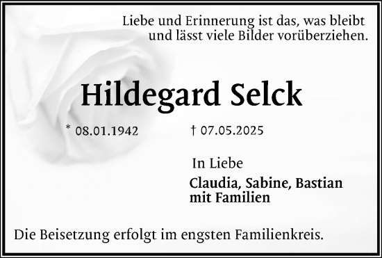 Traueranzeige von Hildegard Selck von Flensburger Tageblatt