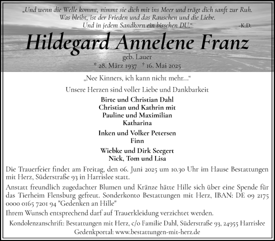 Traueranzeige von Hildegard Annelene Franz von Flensburger Tageblatt