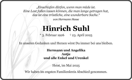 Traueranzeige von Hinrich Suhl von Uetersener Nachrichten, Der tip am Wochenende