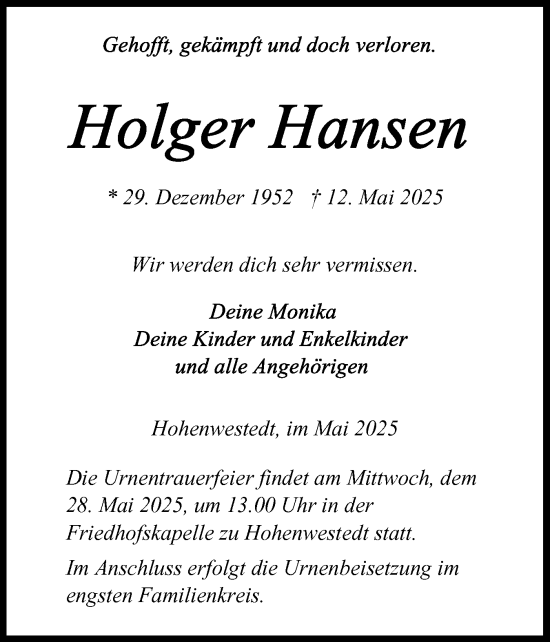 Traueranzeige von Holger Hansen von Schleswig-Holsteinische Landeszeitung