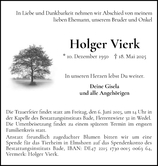 Traueranzeige von Holger Vierk von Wedel-Schulauer Tageblatt, tip Wedel-Schulauer Tageblatt, tip Rissener Rundschau