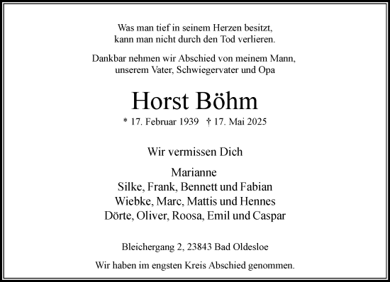 Traueranzeige von Horst Böhm von MARKT Bad Oldesloe/Reinfeld und Stormarner Tageblatt