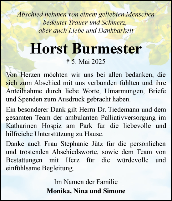 Traueranzeige von Horst Burmester von Flensburger Tageblatt