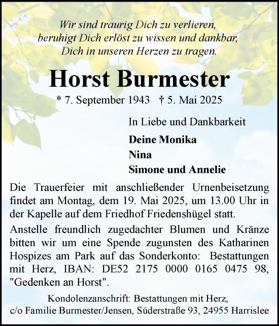 Traueranzeige von Horst Burmester von Flensburger Tageblatt