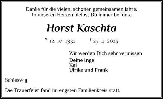 Traueranzeige von Horst Kaschta von Schleswiger Nachrichten, Schlei-Bote