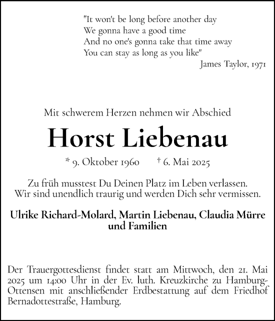 Traueranzeige von Horst Liebenau von Holsteinischer Courier